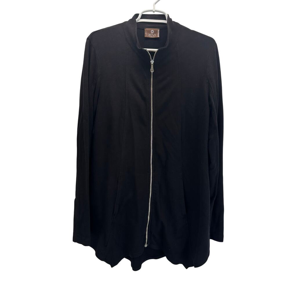XCVI Full Zip Knit Jacket Lightweight Black Triangle Shark Bite Hem Cotton L